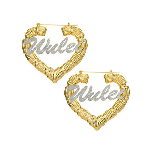 Personalized glittering gold bamboo hoops with name wholesale vendors custom made name earrings made to order suppliers and factory